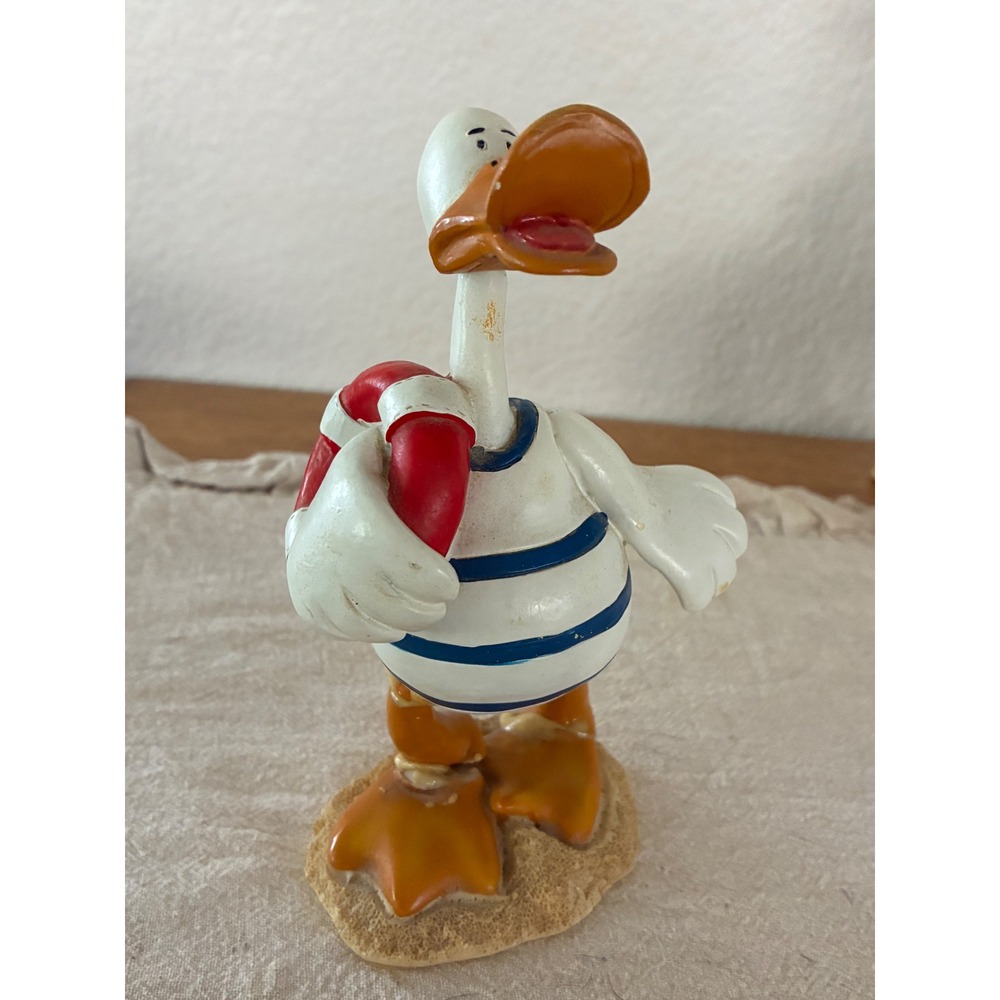 Vintage Nautical Duck Figurine Resin Beach Decor Life Ring Striped Swimsuit 6"